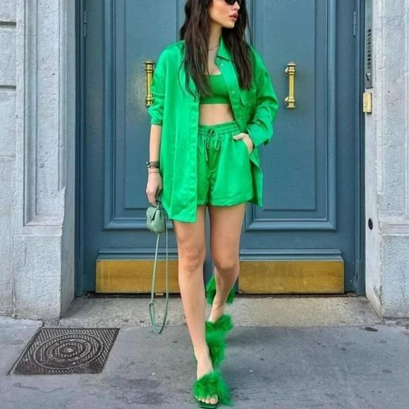 ZARA 2 PIECE SATIN OVERSHIRT AND MATCHING SHORTS GREEN - Picture 4 of 10